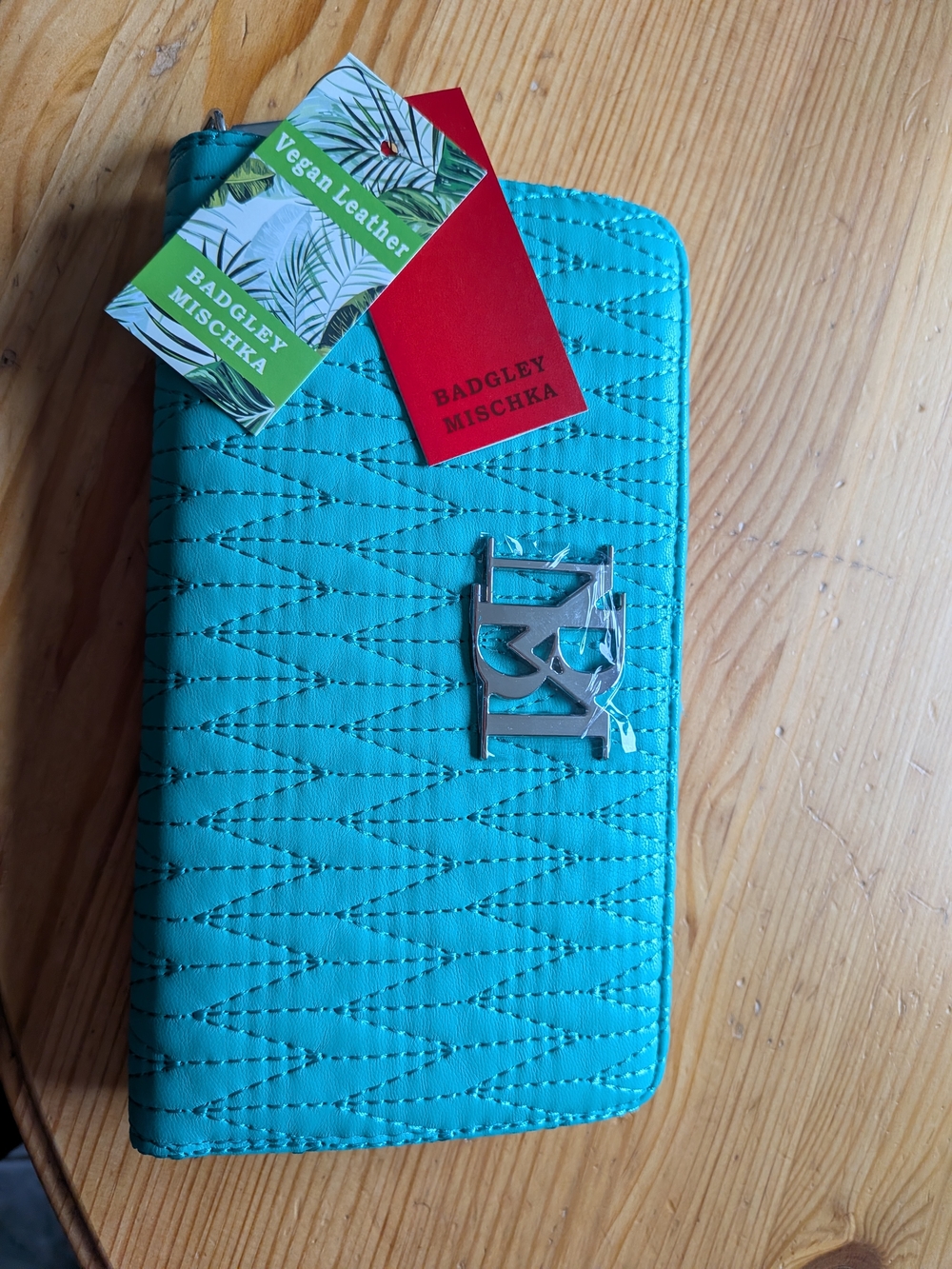 Badgley Mischka Teal Quilted Vegan Leather Zip Wallet